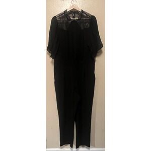 Express Black Lace Bodice Jumpsuit Mock Neck Flutter Sleeve Pockets Womens Sz XL